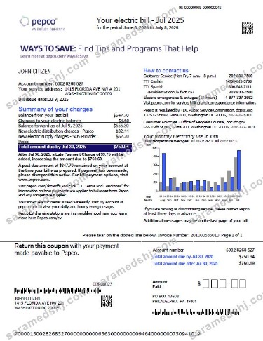 USA Pepco utility bill template in Word and PDF formats, version 3